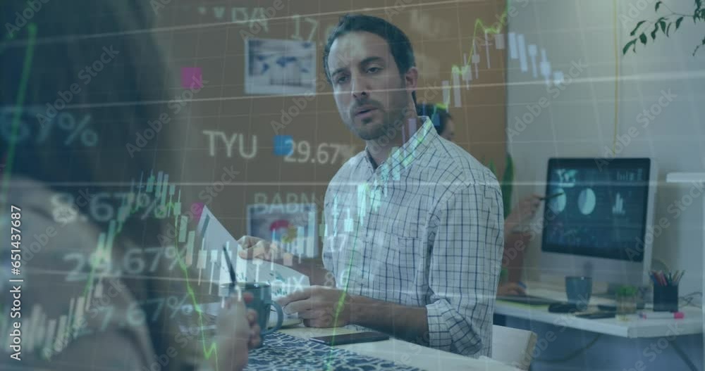 Poster animation of multiple graphs and trading board, diverse coworkers discussing reports with coworker