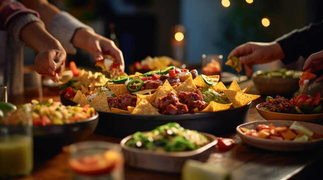 Friends enjoy a DIY nacho bar,  customizing their toppings for a tasty treat