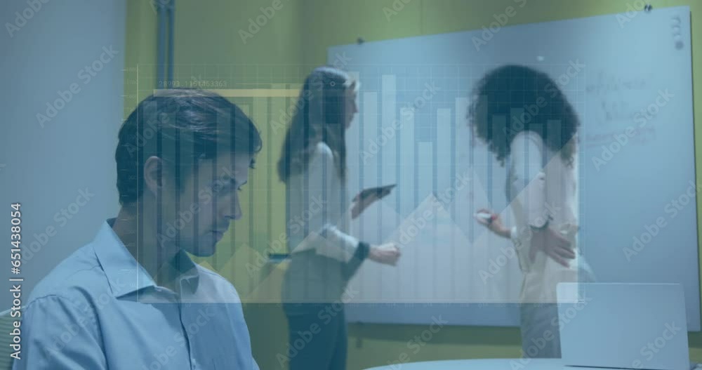 Poster animation of multiple graphs, loading bar, diverse man working on laptop and talking with coworkers