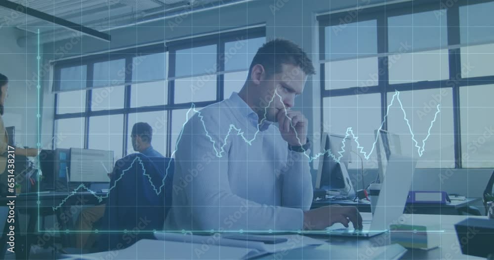 Poster animation of graph and grid pattern over thoughtful caucasian man analyzing reports on laptop