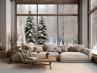 Modern cozy winter home living room  interior with a sofa, pillows and big windows 