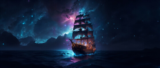 Pirate ship sailing into a bioluminescence sea with a galaxy in the sky