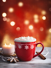 Obraz na płótnie Canvas Red mug with hot drink and marshmallows on top on a table, Christmas blurred lights in background