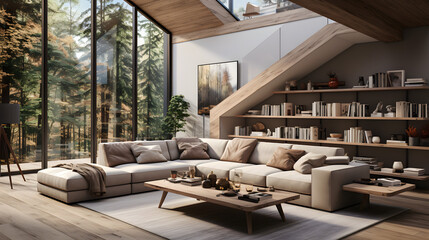 Scandinavian interior design of modern spacious living room - obrazy, fototapety, plakaty