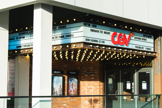 Buena Park, CA, USA - February 19, 2023: The CGV Theater building at the Source OC in California. This is the second US Branch location for the South-Korean based org.