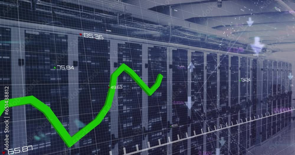 Poster animation of graphs, changing number, connected arrows over data server room