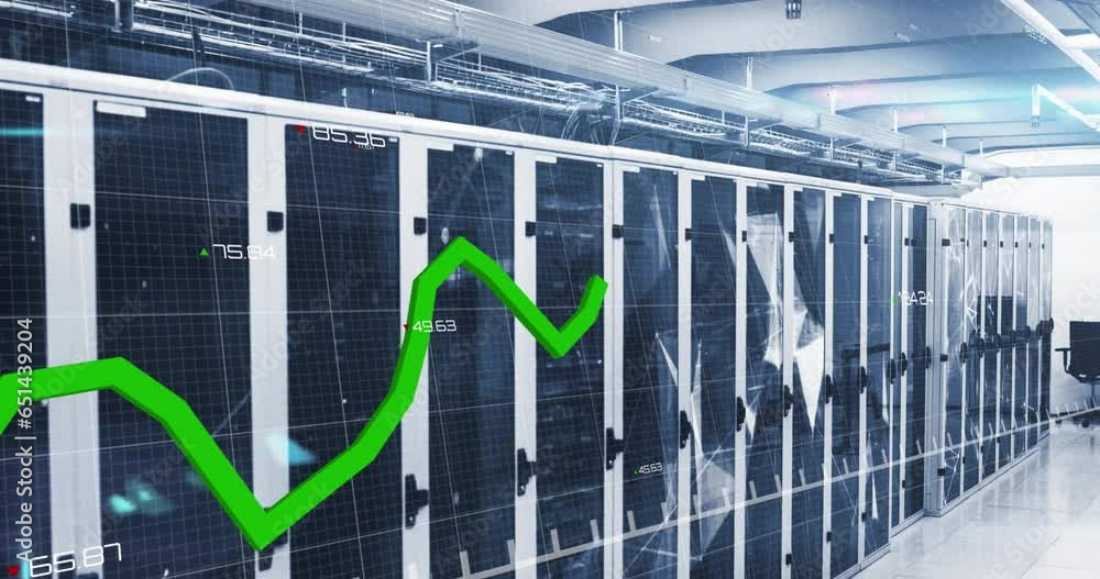 Poster animation of graphs, changing numbers over connected dots on data server racks in server room