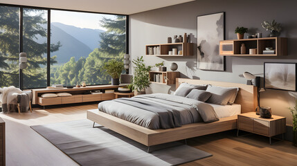 Scandinavian style interior design of modern bedroom - obrazy, fototapety, plakaty