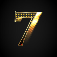 Black number Seven is shiny with a golden frame glowing towards the right. Vector object