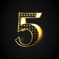 Black number Five is shiny with a golden frame glowing towards the right. Vector object