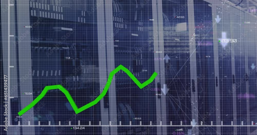 Poster animation of graphs, changing number, connected arrows over data server room