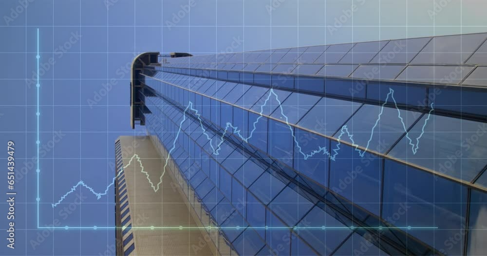 Poster animation of illuminated graphs with grid pattern over low angle view of building against sky