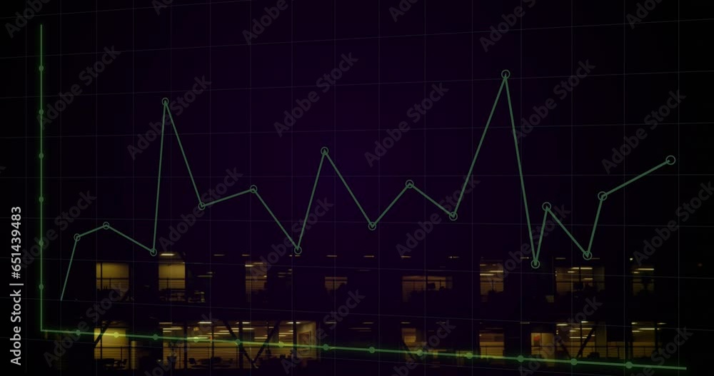 Poster animation of graphs and grid pattern over illuminated modern building in background