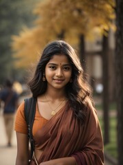 Fototapeta premium Young Indian girl walking on the college campus. Generative ai.
