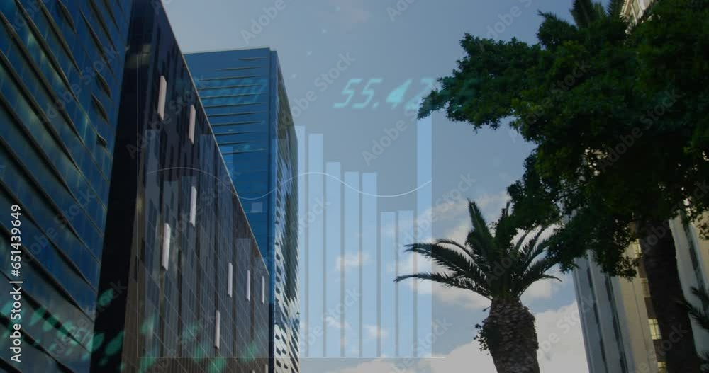 Aufkleber animation graphs, globe and changing numbers over low angle view of trees and modern buildings