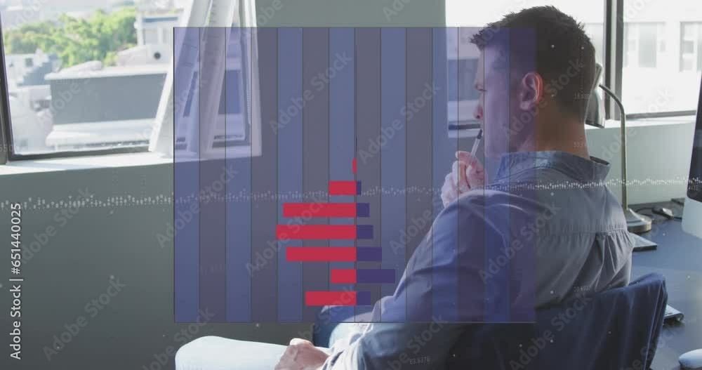 Poster animation of graphs over thoughtful caucasian man rotating chair and looking through window