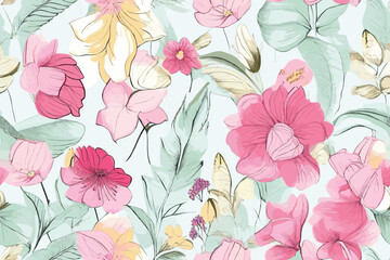 Vector abstract, art, backdrop, background, Christmas seamless pattern with Watercolor painting green leaves and lisianthus flower arrangement and berries. Hand drawn.