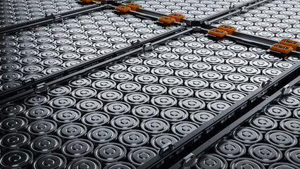 Close-up of EV Battery Cells Stacked inside Modules. High Capacity Battery for Automotive Industry....