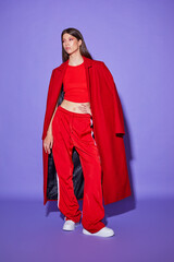 Fashion asian female model in red coat.