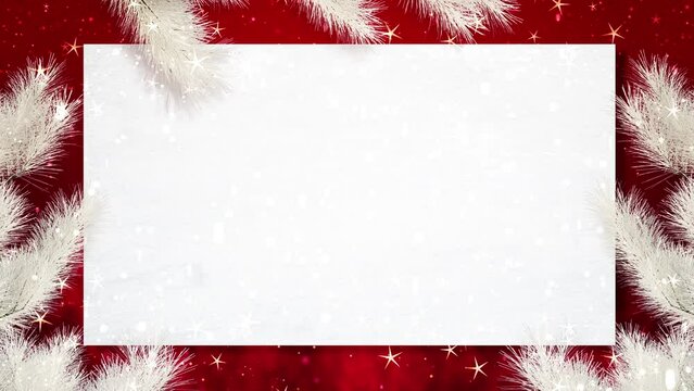 Merry Christmas and Happy New Year greeting card decorated copy space animation. Snowflakes falling on a particles bokeh lights christmas winter seasonal background.