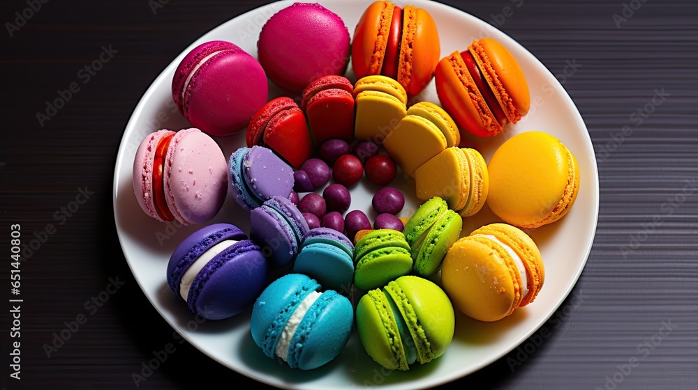 Poster a plate of macaroons and macaroons on a table. generative ai