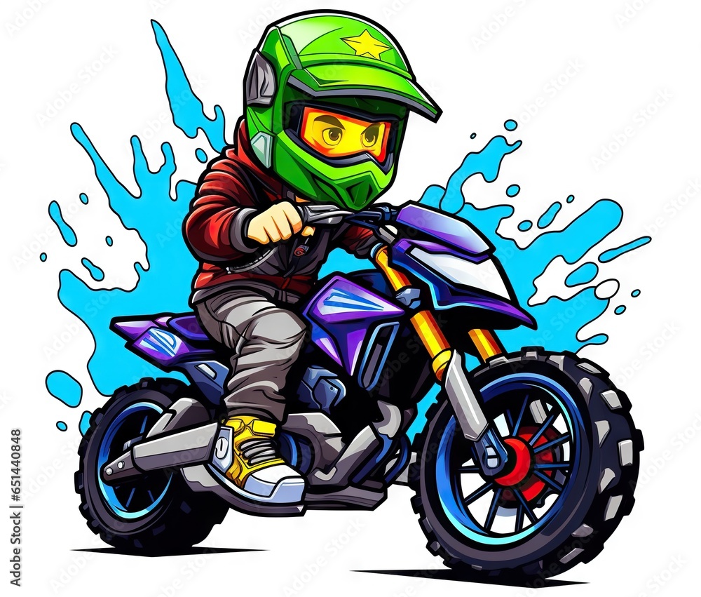 Poster a person riding a motorcycle with a helmet on and splashing around. generative ai