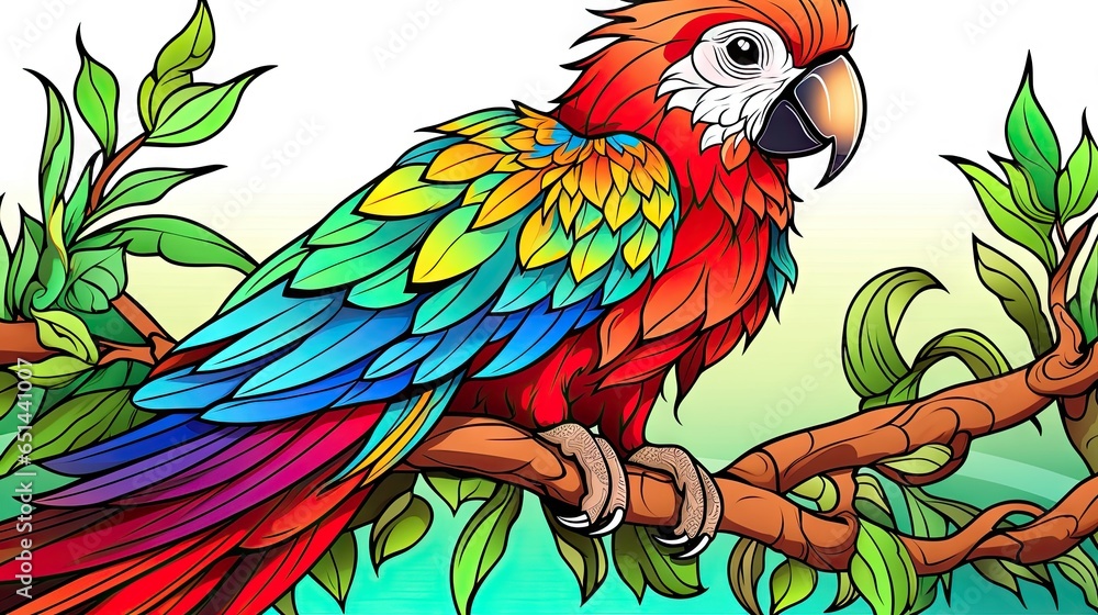 Poster a colorful parrot sitting on a branch of a tree with leaves. generative ai