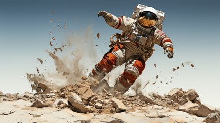 an astronaut is jumping over a sky background