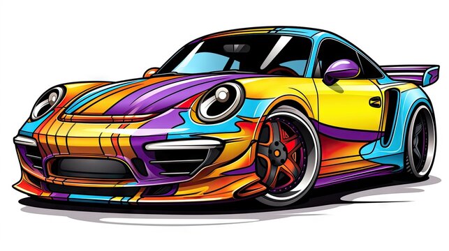  a colorful Porsche 911 GT3 RS painted on a white background The car is painted in a variety of colors, including blues, greens, yellows, and reds, creating a vibra