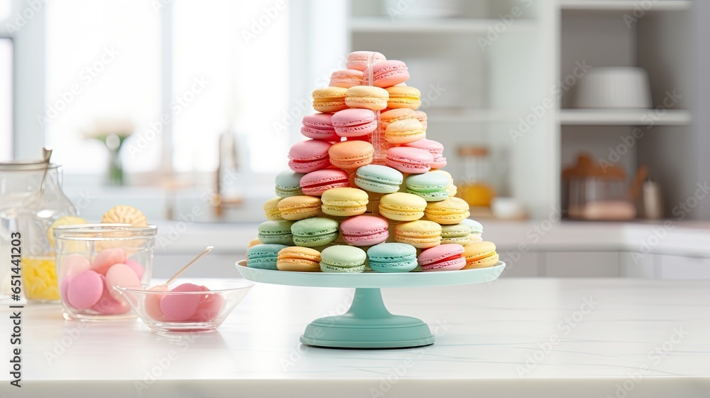 Poster a tower of macaroons on a table in a kitchen. generative ai