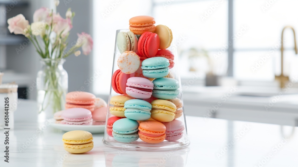 Poster a stack of macaroons sitting on top of a counter. generative ai