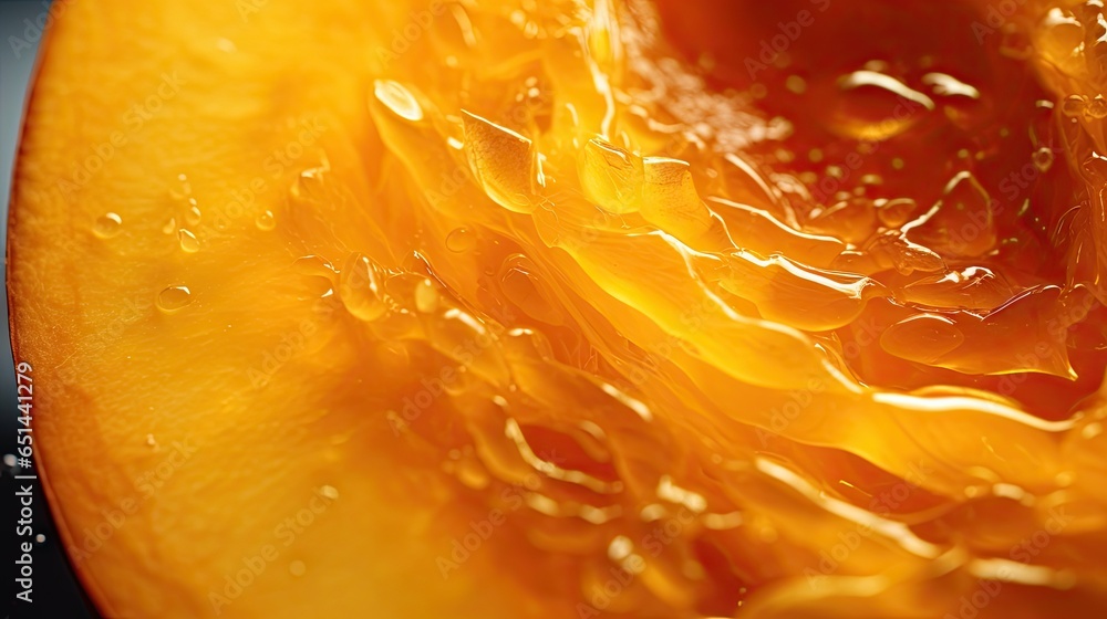 Poster a close up of a sliced orange with water droplets on it. generative ai