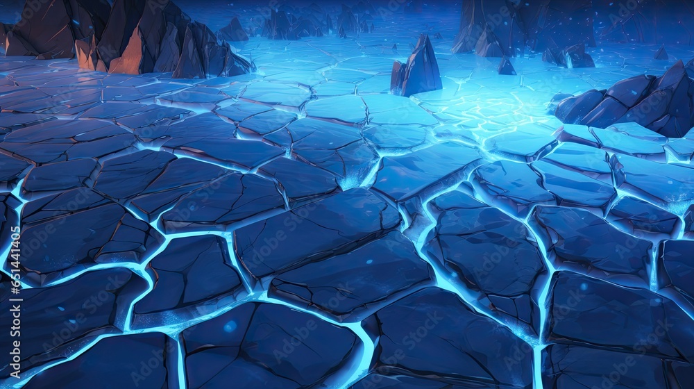 Poster a computer generated image of a blue ice - like landscape. generative ai
