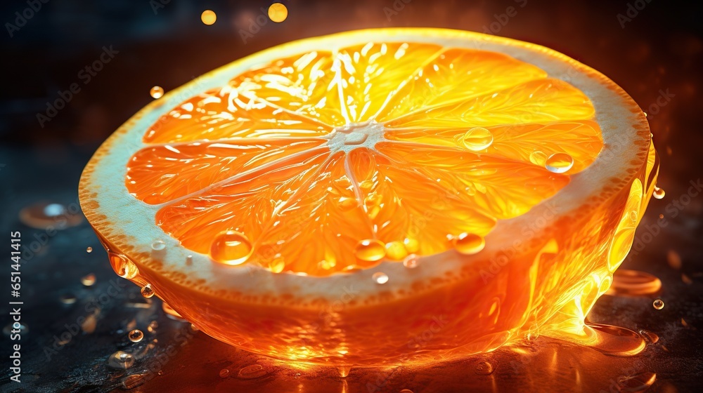 Poster a close up of an orange slice on a table with water droplets. generative ai
