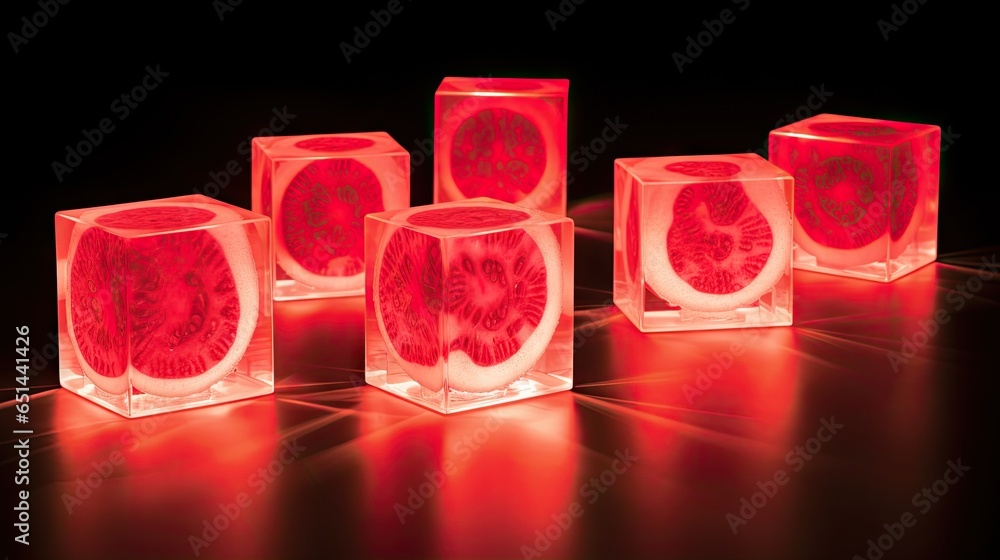 Poster a group of cubes that have a piece of fruit inside of them. generative ai