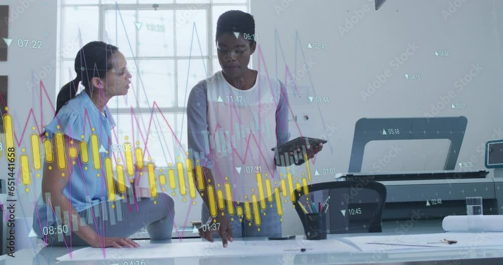 Sticker Animation of multiple graphs with changing numbers, diverse female coworkers discussing in office