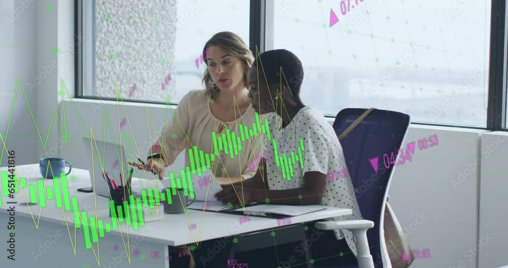 Poster Animation of multiple graphs with changing numbers, diverse female coworkers discussing on desk