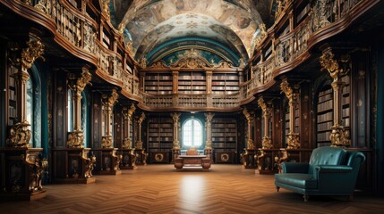 Luxury interior of an old library. ai generative