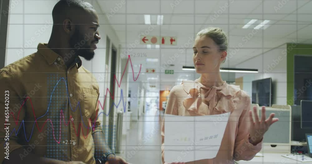 Poster animation of graphs, changing numbers, diverse coworkers discussing reports while walking in office