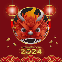 Happy Chinese New Year 2024 year of the dragon with dragon head vector