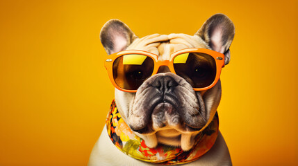 Stylish funny purebred dog english bulldog wearing sunglasses