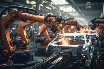 Smart factory solutions, boosting efficiency and productivity in industry 4.0, artificial intelligence in automotive design, revolution in vehicle technology, innovative high-tech, Generative AI. - obrazy, fototapety, plakaty