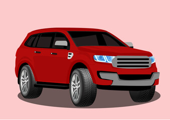 Vector illustration of front half side view of red color subcompact luxury crossover SUV car on light pink background.
