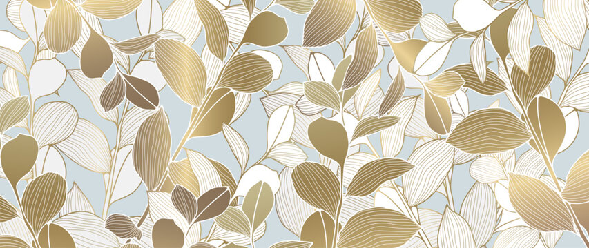 Botanical luxury background with golden branches and leaves. Gold background for creating cards, wallpapers, covers and presentations.