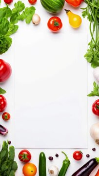 Vertical video fresh vegetables frame on kitchen table with space for text