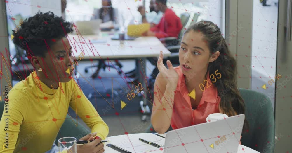 Poster animation of multiple graphs with changing numbers, diverse female coworkers discussing reports