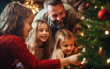 Obraz na płótnie Canvas Family is decorating a Christmas tree. Generative AI