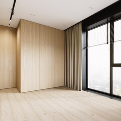 Contemporary interior with wood wall panel and panoramic window. 3d render illustration mockup.