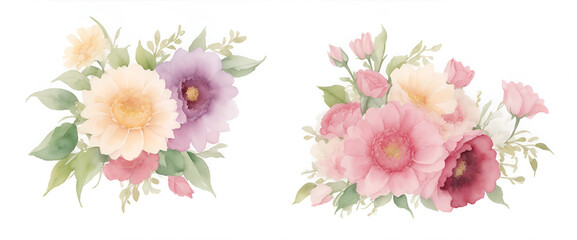 Set of Pink flower watercolor, colorful flowers, design bouquets. wedding bunch. Elements are isolated and editable. Pastel floral bouquet hand painted acrylic mint white pink wedding flowers.