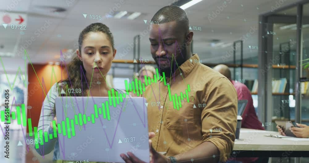 Poster animation of multiple graphs with changing numbers, diverse coworkers discussing reports on laptop
